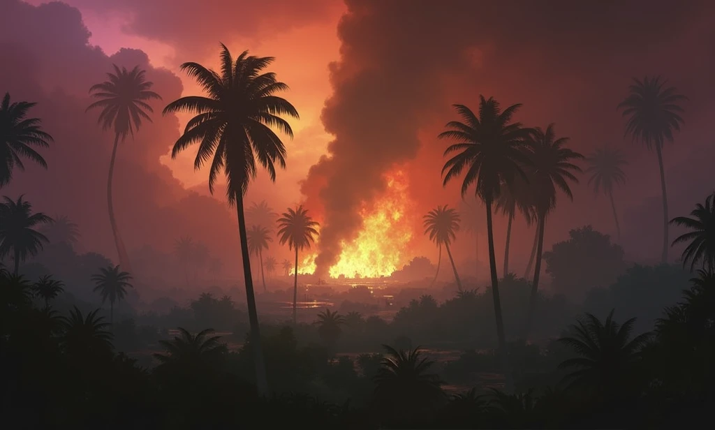 A realistic Vietnam war jungle landscape in view from the ground, with so much silhouetted palm trees in the background, illuminated by a massive fire. The sky is painted in intense shades of dark red, orange, purple and yellow due to the flames. The atmos...