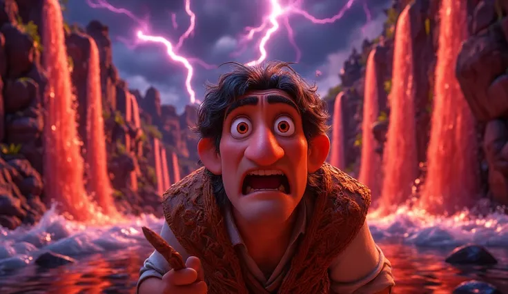  cinematic, highly detailed, realistic 4K depiction in Disney Pixar style, cartoon-inspired, designed for a dramatic thumbnail. Moses is shown in the foreground with an intense and alarmed expression, his face slightly tilted forward, eyes wide open in sho...