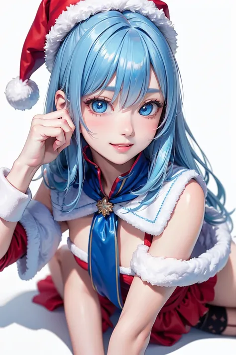  Best Quality , high definition ,8k, (a pure white background), (no details), (no scenery), (completely blank background),( Masterpiece:1.2), pretty girl,( glossy light blue hair:1.3),(long hair), beautiful light blue eyes ,santa costume,santa coat, santa ...