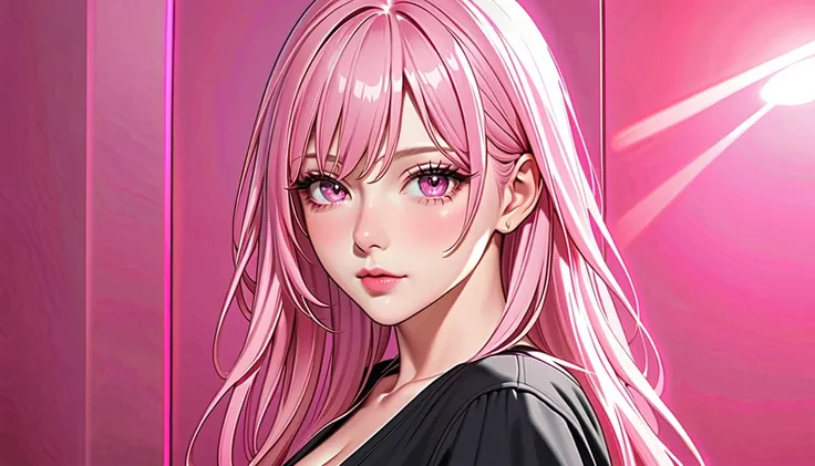 Mommy, Long Hair, light Pink Hair, pink eyes, Medium breasts, Blush, Adult, Pink Lip Gloss, night room, black shirt, High Resolution, Looking at viewer, HD