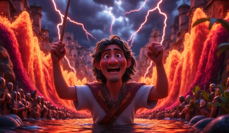 A cinematic, highly detailed, realistic 4K depiction in Disney Pixar style, cartoon-inspired, designed for a dramatic thumbnail. Moses is shown in the foreground with an intense and exaggerated expression, his eyes wide and bulging in shock and divine dete...