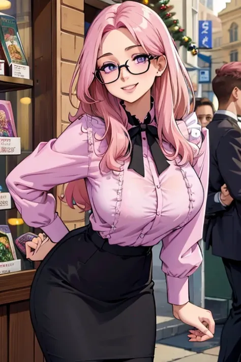 Perfect face. Perfect hands. A pink haired woman with violet eyes with an hourglass figure with glasses in a blouse and pencil skirt is leaning forward  outside of a book shop that is decorated for Christmas with a big smile