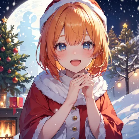  Best Quality 、8k、masterpiece))、((One person、((cute))、 big smile、 blushes his cheeks、 opening mouth、 orange hair、 short bob hair、 super detailed face、Ultra-detailed eyes、Ultra detailed hair、(( Santa Claus Costume))、((snowing))、 Christmas tree