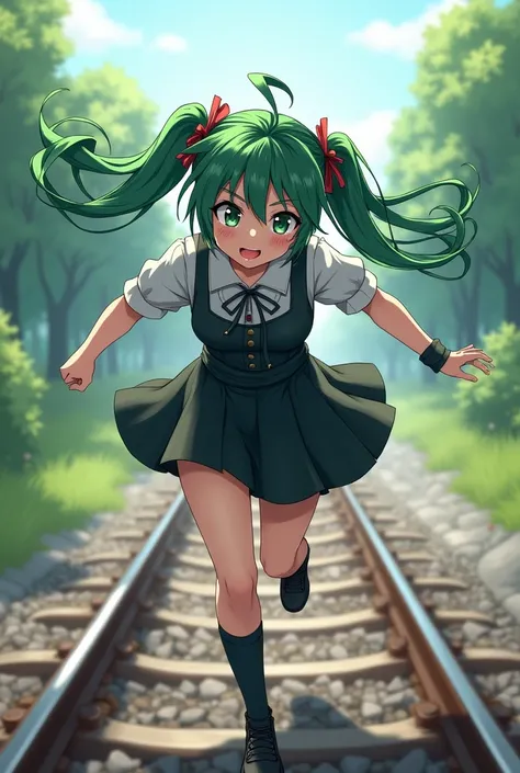 Green-haired made in anime stalk they have black accents and have their tongue slightly out there they should run down tracks they should look like a femboy and long harem up to her shoulders she is considered exotically appealing and has some freedom of m...