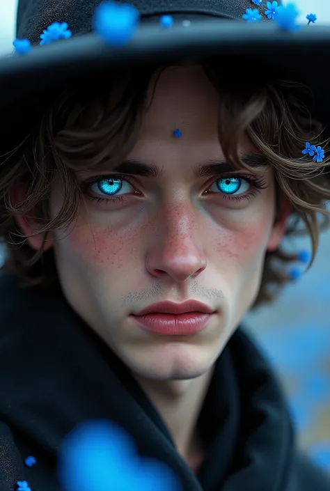 (photorealism:1.2), (photorealism:1.2),A hyper-realistic an extraordinarily handsome  20 years old wizards man embodying the allure and symbolism of Blue Alpine Forget-Me-Nots, representing loyalty, faithfulness, and everlasting love.

His eyes are a stunn...