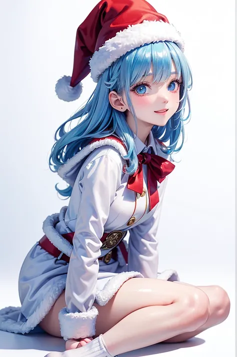  Best Quality , high definition ,8k, (a pure white background), (no details), (no scenery), (completely blank background),( Masterpiece:1.2), pretty girl,( glossy light blue hair:1.3),(long hair), beautiful light blue eyes ,santa costume,santa coat, santa ...