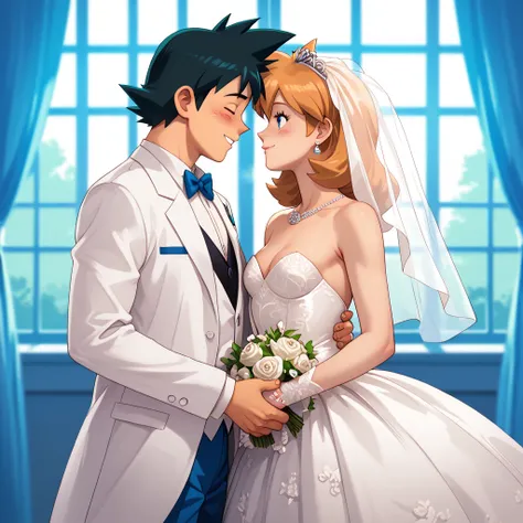 highly detailed, (couple), hetero, (duo focus), highres, 1man, 1woman, BREAK, 1man, ash ketchum, ashxyz, black hair, aged up, handsome boy, good looking boy, white tuxedo, BREAK, 1woman, Misty_G2, small breasts, white wedding gown, marriage, wedding, weddi...