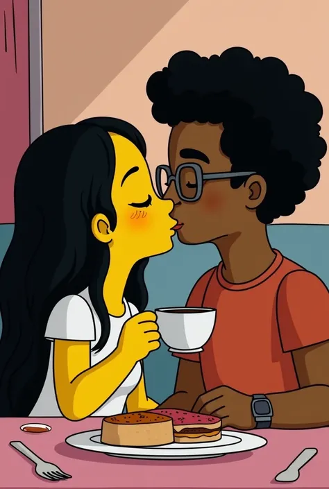  MAKE ME AN IMAGE OF A GIRL WITH LONG BLACK HAIR ,  DARK SKIN WHO IS KISSING HER DARK-SKINNED BOYFRIEND IN THE FACE, HE HAS GLASSES WITH CURLY HAIR .   YOU ARE WATCHING AN EPISODE OF THE SIMPSONS ON TELEVISION , while having breakfast