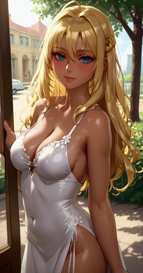  a woman in a white dress standing next to a window,  seductive anime girl , Blonde anime girl with long hair , Loli in dress, beautiful seductive woman animates , Beautiful anime woman,  revealing outfits , linda, [blonde goddess,  Attractive anime girl ,...