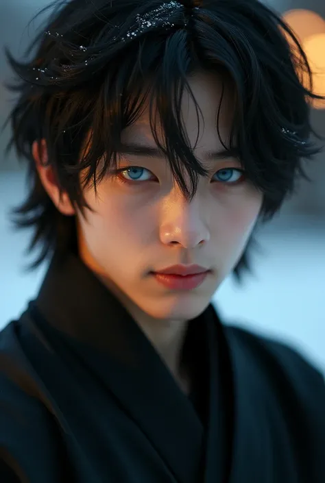 

“A close-up portrait of an 18-year-old boy with medium-length black hair and striking ice-blue eyes. His expression is calm yet mysterious, with a subtle cold aura around him. He is dressed in black fighting clothes, with the focus on his face and upper ...