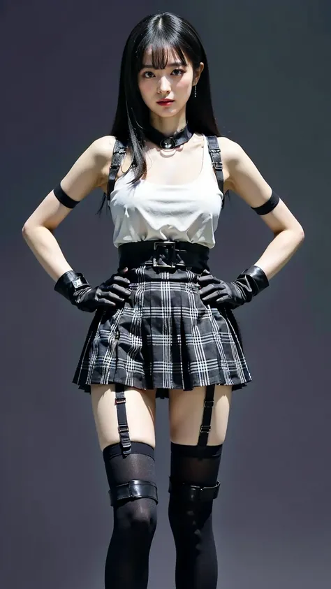 (8k、     RAW photos   、   top quality、masterpiece   :1.2)、(   realistic   、   realistic   )、1 person、((Black and white、  gloves、 see-through、 、  garter belt、 plaid miniskirt to make up for embarrassment、   boots、 black background、Thin legs、whole body、Hands...