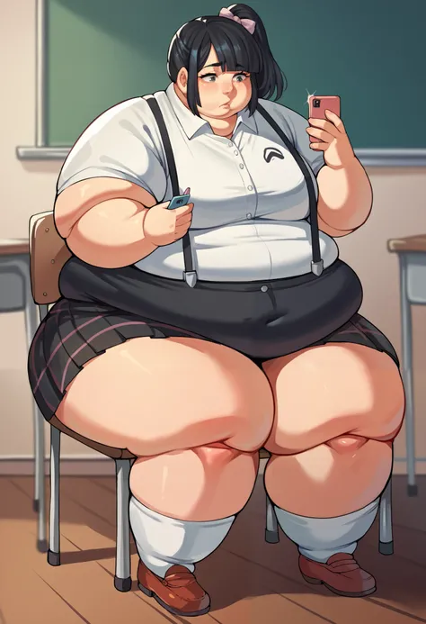 score_9, score_8_up, score_7_up, source_anime BREAK 1girl, solo,   eikop5, black hair, side ponytail, ribbon, shirt, suspenders, checkered skirt, knee socks, sitting, classroom, looking at phone, fat, chubby, obese