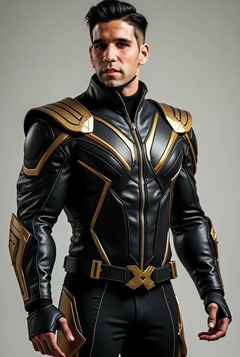 "Create an image of a man wearing a black and gold superhero-style leather jacket inspired by the provided costume. The jacket should feature metallic gold accents and angular, futuristic patterns, combined with a predominantly black base. It should have a...