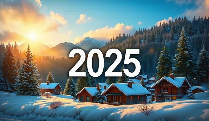 A snowy winter landscape with a glowing sun in the sky, pine trees, and a village with houses covered in snow. The large numbers "2025" are prominently displayed in the center of the image, featuring a sunny afternoon , with frosted pine trees in the backg...