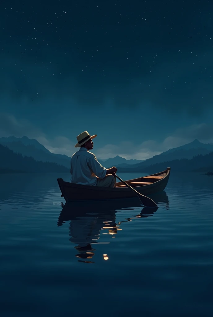  a dark-skinned black man sitting in a small wooden boat,  paddling gently over calm waters under a starry night sky .  He wears a straw hat and a white shirt ,  and he seems to be contemplating the landscape . There is a serene and peaceful tone to the sc...