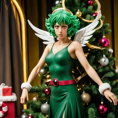 (anime characters One Punch Man) Furious Tatsumaki Christmas Tree angel, angry expression, LED light up rings in orbit around her, show room display or on top of Christmas tree
