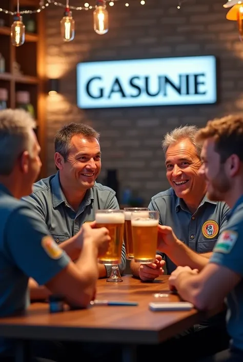 (photorealism:1.2) employee dutch gasunie company, show e&i procurement department, drinking beers, show 4 people, shirt with logo, gasunie, 40 year old, action party, front view all, find and add logo of the dutch Gasunie conpany