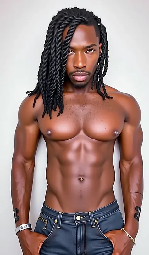 Realistic image afro gray eyes dreadlocks muscular body with cyberpunk body arms robots background photo studio 