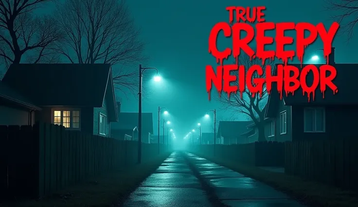 "A terrifying suburban neighborhood at night, shrouded in mist. Dim, flickering streetlights cast long, eerie shadows. A creepy figure peers from behind a curtain in a lit window, with glowing, sinister eyes. The houses appear abandoned, with broken fences...