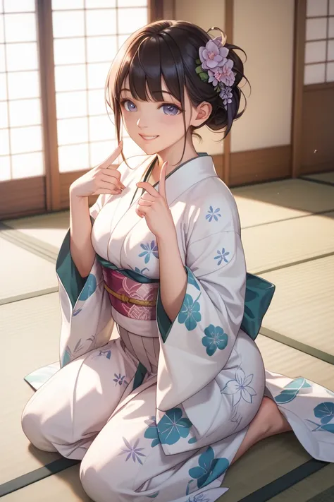  raised up the hair、Single High School Girl 、Healing、Hospitality class 、kimono、Japanese clothing、 tatami room 、Kneeling、 see here、 cute smile 、Kind、 Soft Light、smile、The pointed finger 