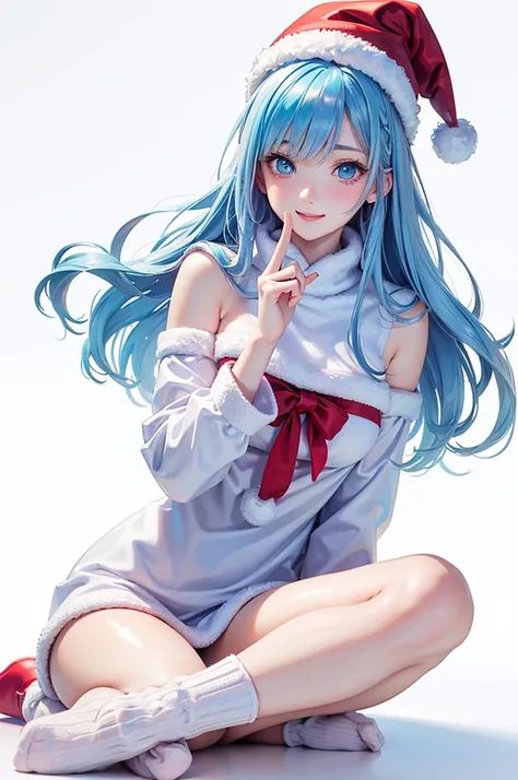  Best Quality , high definition ,8k, (a pure white background), (no details), (no scenery), (completely blank background),( Masterpiece:1.2), pretty girl,( glossy light blue hair:1.3),(long hair), beautiful light blue eyes ,santa costume,santa coat, santa ...