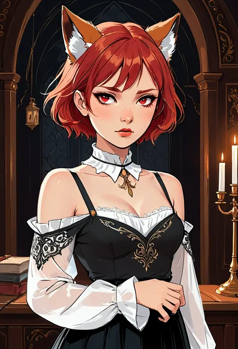 young girl, short red hair, fox ears, red eyes, sad, white lush shirt, transparent sleeves, open belly, open shoulders, long black skirt, Old Russian style, Magic Academy, Masterpiece, best quality, Full HD, 8k, ultra details, great graphic, anime style, 2...