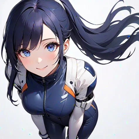 (​masterpiece、 top quality、 highest resolution、Clear image、 detailed images、 The angle is from above ): (solo、Lonely Girl、Japanese Face、 high knot ponytail、Dark blue hair girl、Sparkling Blue Eyes、( white and navy blue pilot suit with enamel finish、 white a...