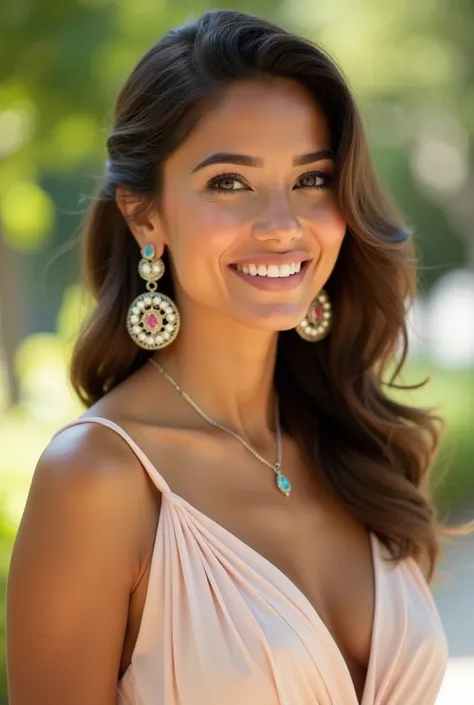 Create a high-resolution, realistic photograph of a Brazilian woman dressed elegantly for a daytime wedding. She is accessorized with medium-sized earrings featuring colorful gemstones or pearls, paired with a delicate necklace that harmonizes with the ove...