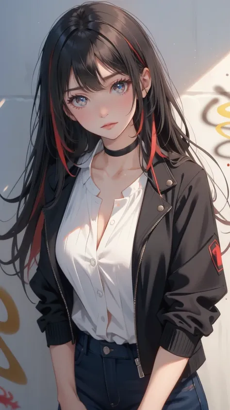 (masterpiece, best quality),  intricate details,
1girl, long hair, black hair, messy hair, red highlights,Grsy eyes, sharp eyes,
 choker, neon shirt, torn legwear, open jacket, 
against wall, brick wall, graffiti, dim lighting, alley
 CONCEPT_graffiti_wall...