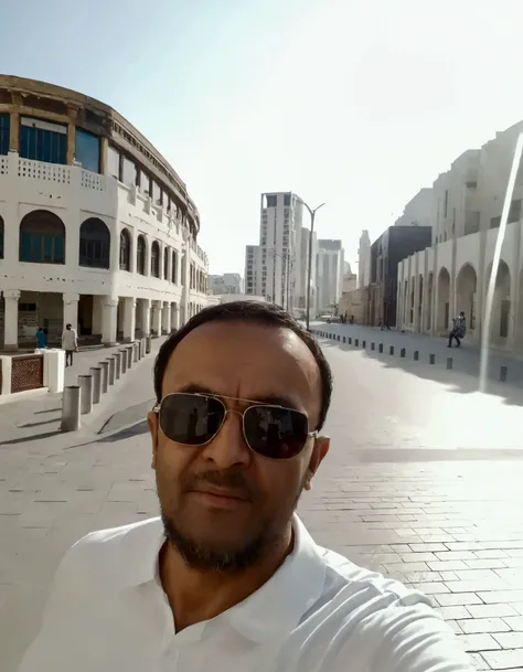 arafed man in sunglasses taking a selfie in front of a building, in the middle of the city, standing in a city center, 4 0 years old man, in city street, 8k selfie photograph, khyzyl saleem, 5 0 years old man, at a city street, selfie photo, very clear pic...