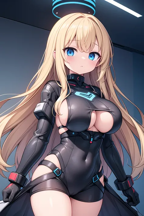 masterpiece, large boobs, Underboob, cute, black cyber suit, black coat, Young, long hair, blond hair, light blue eyes