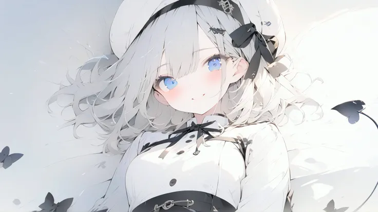 highest quality)), ((masterpiece)),Perfect Face((highest quality)）cute,beautiful girl,Pure white hair,bangs,Medium Hair、blue eyes.Alone,smile,Cute, Short Hair、Beautiful eyes,Healthy Body、Beautiful breasts、8K、wallpaper、belt、White military uniform、mini skirt...