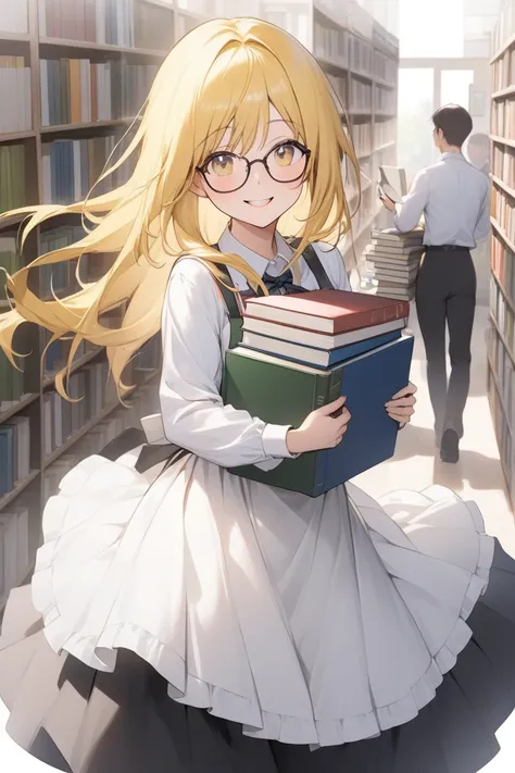 Young bookclerk 、 slender body 、 beautiful woman、 long yellow hair 、 、Glasses、輝く瞳、Smile、 carrying lots of books、 carrying books 、At work、 bookclerk apron 、 long skirt 、 joy of working 、 cute、joy