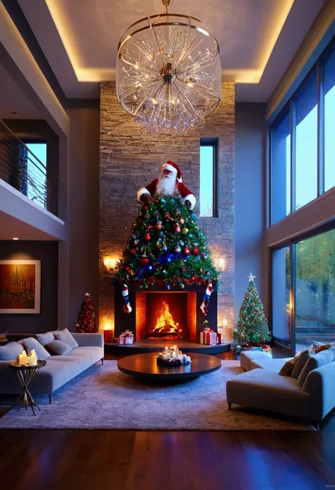 The chimney of the fireplace has picture of Santa Claus coming down the chimney, holographic Christmas tree, Christmas decorations, colorful illumination, luxurious chandelier, ultra detailed, absolutely resolution, masterpiece