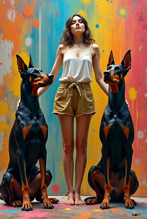 On a background full of paint sprinkled with many colors, an image containing a woman standing on her back with two Doberman cafes 