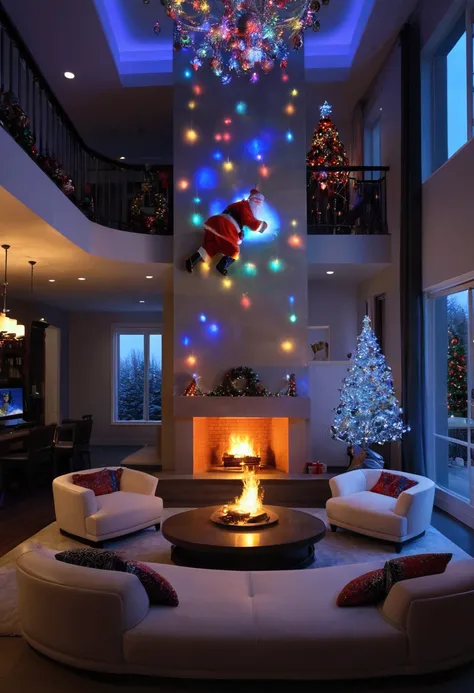 The chimney of the fireplace has picture of Santa Claus coming down the chimney, holographic Christmas tree, Christmas decorations, colorful illumination, luxurious chandelier, ultra detailed, absolutely resolution, masterpiece