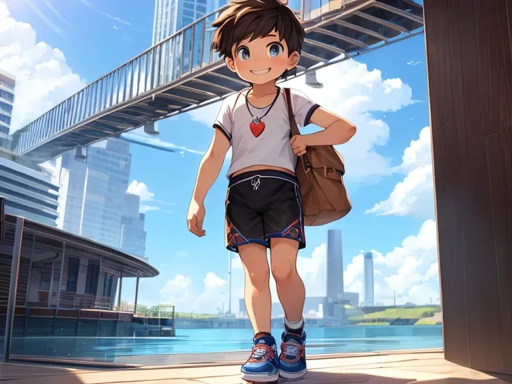 Cute human shota boy, short hairstyle, detailed body, clothes, shorts, shoes, Razia, wide smile, modern art, best quality, high quality, nice background. 