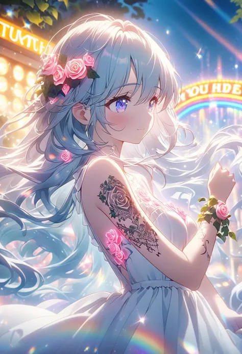  ANIMATION SCREENSHOT、  Artistic illustration of a female anime character adorned with glowing neon roses and ivy tattoos、 Her body has a dreamy soft focus effect 。  his arm tattoo blends with white ,  rainbow and white light.、 Gives off neon signs 。 The g...