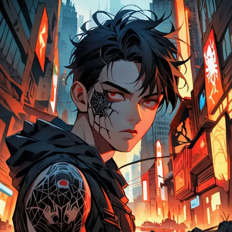 Badass boy with black hair , white complexion and a tattoo of a spider on the arm in the middle of a post-apocalyptic and destroyed futuristic city, Since the city is on fire 