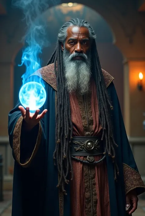 A cinematic high-fantasy picture of a handsome middle aged  dark-skinned man of Nigerian descent with long grey dreads. and thick grey beard He is a wizard with a dark fantasy theme. He is wearing a detailed brown and black robe. He is standing in a voodoo...