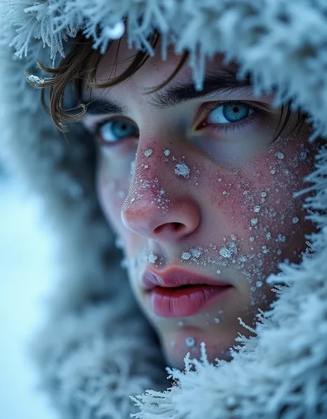 
Create a hyper-realistic cinematic close-up of a young male face filling the entire frame. His face is completely frozen, covered in snow and ice, with water droplets frozen on the tips of his hair. The skin is reddened from the cold, and his eyelashes ar...