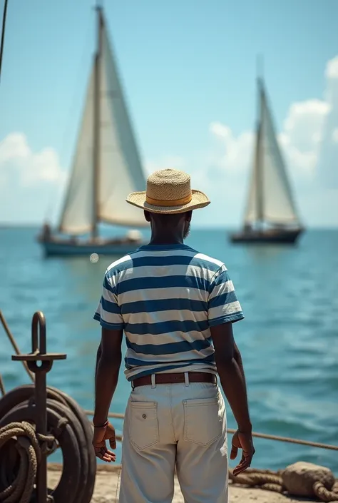 a black man with his back , poor,  wearing simple old fishermans clothes,  a blue and white striped t-shirt ,  white pants and a straw hat ,   with open arms,  looking at a sailboat in the distance in the ocean .  An anchor and ship ropes are visible in th...