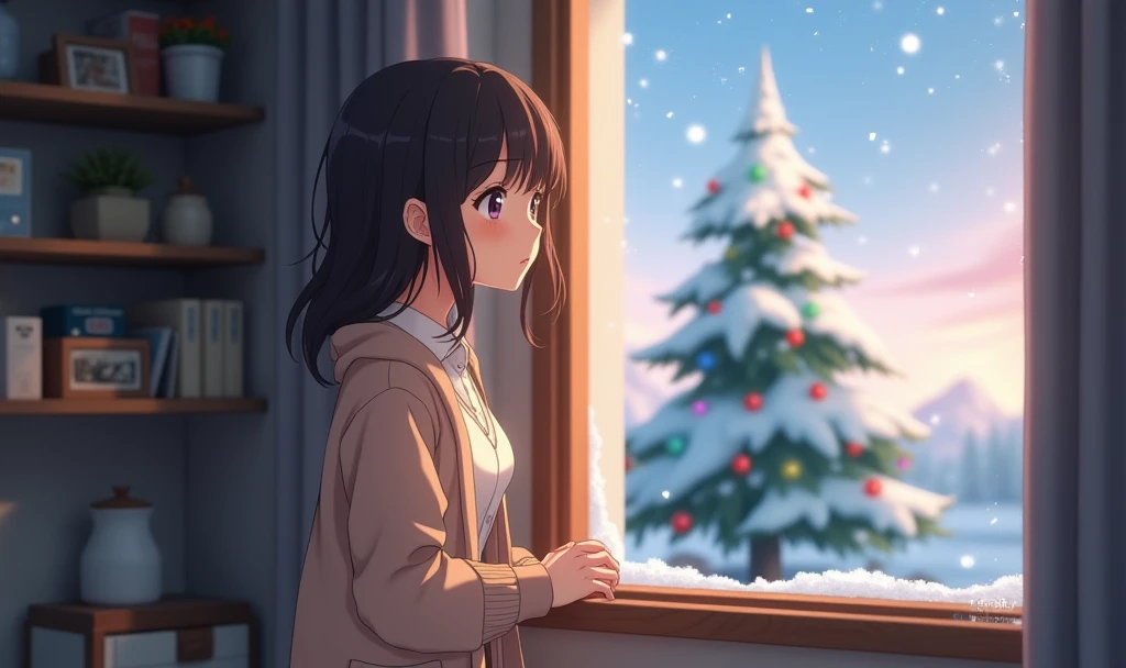 anime style: beautiful woman
 standing by a window with a calm expression, gazing at the snowy landscape outside. The room behind them is tidy, with a modestly decorated Christmas tree glowing warmly in the background. The character appears serene and cont...