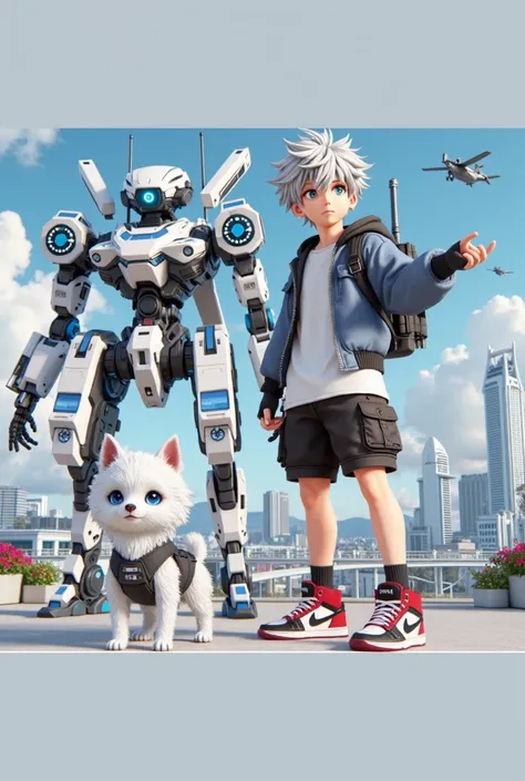 juvenile１７ year old and mecha design dog 、white、Small dogs、 blue eyes、((Futuristic landscape))、(SF)， fantasy、メトロポリスをjuvenileとパトロール、Silver-haired Nanaironome 、 looks ahead with a serious look 、 open your mouth slightly、黒white青のボディアーマー、Red sneakers、Waist pou...