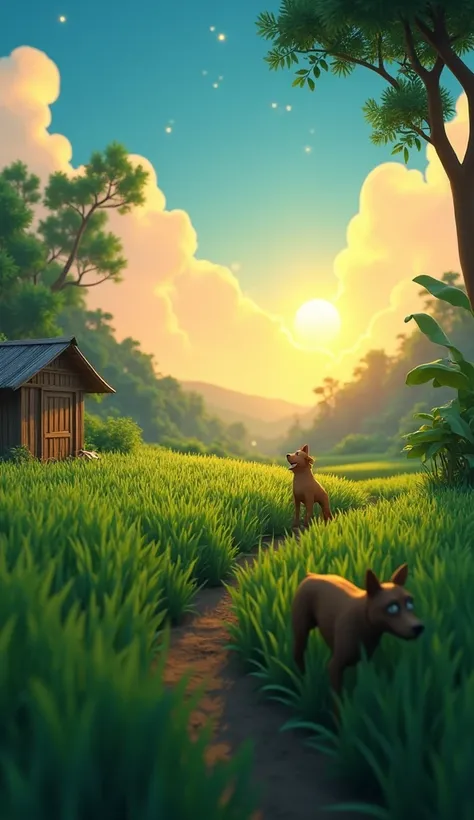 A 3D cartoon-style animation scene showcasing a time skip. The setting transitions smoothly from a lush, green rice field during the day to a slightly darker evening scene. The camera starts by focusing on a small patch of rice plants, with a stray dog cau...