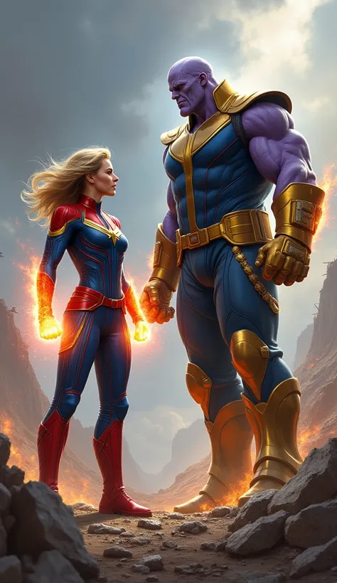 Captain Marvel taking on Thanos, ultra professional and realistic images 