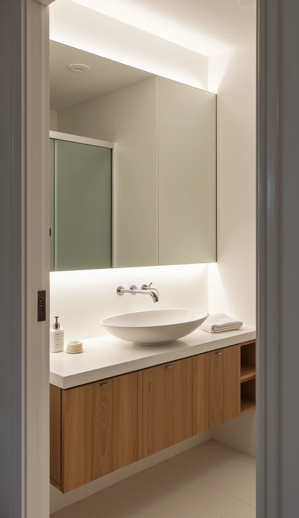 Minimalist bathroom: white sink on a wooden vanity unit, large illuminated mirror, glass shower cubicle. Only a towel and soap on the countertop. The camera gently passes from the door to the mirror, capturing the details