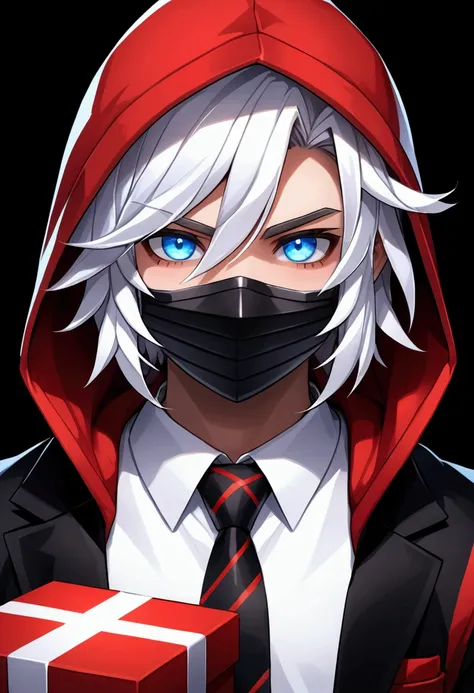  create a cool hd picture 1 cool Minecraft character, 
 bright sharp blue eyes ,  white haired ,  and wearing a black mask ,  using a red striped black hoodie ,  shouldered red box ,  and a white t-shirt , and wearing a black tie ,  black background  