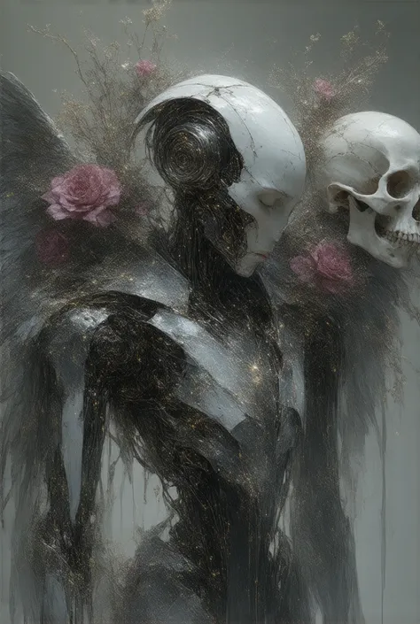 Beautiful robot with dead flowers and skulls, angel feather, by Charlie Bowater, by WLOP, by Artgerm, by Legend of the cryptids, Digital Art, Glitter vibrant, 5D, HD, Polished, Wires, Bone, insanely detailed and intricate, hypermaximalist, elegant, ornate,...