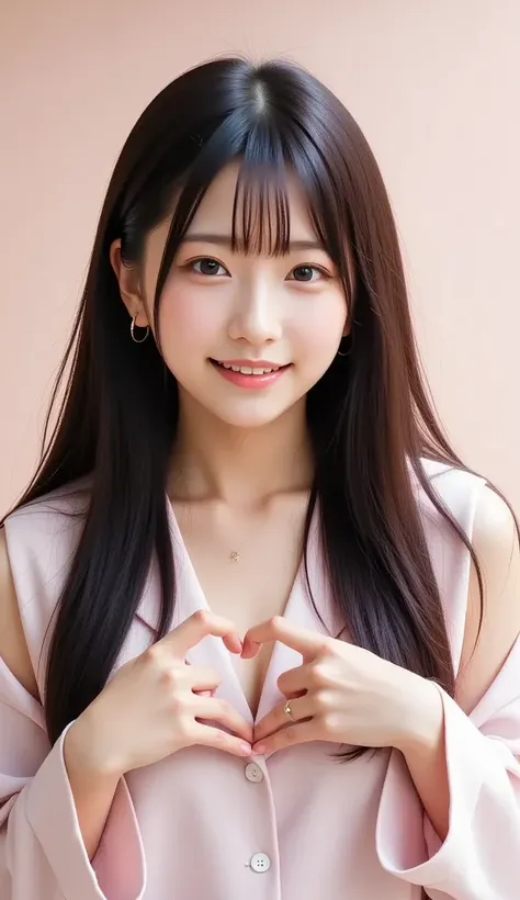 Shes smiling while taking a cute pose in off-the-shoulder pajamas  ,  Wearing、Put your hands in front of your chest in a heart shape 、 and laugh while taking a cute pose、 The background is a solid color 。
